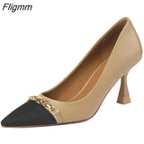 Fligmm Women Shoes Genuine Leather Thick Heels Pumps Pointed Toe Chain High Heel Ladies Footwear Spring Autumn Beige Apricot 40