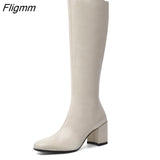 Fligmm Winter Knee High Boots Women Natural Genuine Leather Thick High Heel Long Boots Zip Round Toe Shoes Ladies Fall Size 39