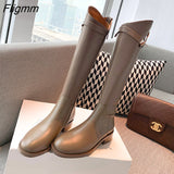 Fligmm Genuine Leather Riding Boots Thick Med Heel Zipper Ladies Boots Round Toe Knee High Boots Autumn Winter Brown Gray 33-42