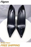 Fligmm All BLack Patent Women Pointy Toe High Heels Slip On Stilettos OL Formal Dress Shoes Customize Pumps 12/10/8cm