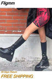 Fligmm Chunky Heeled Stretch Mid Calf Boots For Women 2023 Brand Designer Casual Punk Gothic Autumn Black Shoes Woman