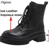 Fligmm Women Shoes Genuine Leather Motorcycle Boots Thick Med Heel Boots Round Toe Zipper Lady Footwear Autumn Winter 40 Beige