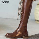 Fligmm Women Genuine Leather Knee High Riding Boots Round Toe Thick High Heel Zipper Lace-up Lady Long Boot Autumn Winter Shoes