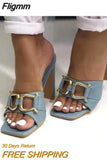 Fligmm Blue Denim Slippers Women Outdoor Mules High Heels Fashion Metal Buckle Designer Sandals Square Toe Ladies Shoes Size 35-41