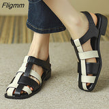 Fligmm Women PU Leather Gladiator Shoes Low Heel Summer Sandals Thick Heels Buckle Narrow Band Ladies Footwear 2023 Beige Black