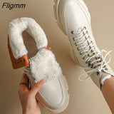 Fligmm Women Genuine Leather Ankle Wool Fur Snow Boots Round Toe Thick Mid Heel Lady Lace-up Short Boot Autumn Winter Shoes 43