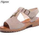 Fligmm toe Square heel sandals women 2023 summer shoes women Student Solid Zipper Low heel Metal Decoration Casual ladies shoes