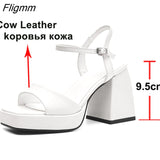 Fligmm Genuine Leather Women Shoes Super High Heel Platform Thick Heel Sandals Square Toe Ladies Footwear Fashion Summer Black