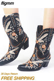 fligmm Embroidered Estern Boots For Women Ankle Bootie Cowboy Cowgirls Flower Print Fashiin Chunke Heel Slip On Shoes 2023