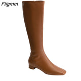 Fligmm Women Riding Boots Shoes Genuine Leather Low Heel Long Boots Zip Square Toe Thick Heels Long Boots Female Autumn Winter