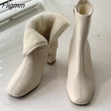 Fligmm Real Leather High Heel Ankle Boots Women Square Toe Zipper Short Boots Shoes Thick Heels Warm Female Boots Winter Beige