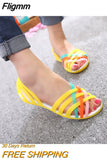 Fligmm Women Sandals Hot Sale Summer New Candy Color Women Shoes Peep Toe Stappy Beach Sandals Rainbow Jelly Shoes Woman Flats