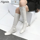 Fligmm Women Riding Boots Shoes Genuine Leather Low Heel Long Boots Zip Square Toe Thick Heels Long Boots Female Autumn Winter