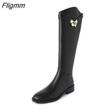 Fligmm Genuine Leather Riding Boots Thick Med Heel Zipper Ladies Boots Round Toe Knee High Boots Autumn Winter Brown Gray 33-42