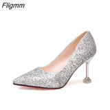 Fligmm Toe Sequined Cloth Thin Heels High heel Wedding pumps women shoes 2023 Spring Autumn Fashion Shallow Bling female shoes