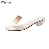 Fligmm Square Buckle High Heels New Summer Shoes Woman Metal Transparent Square Mid Heel Mules Shoes Female Open Slippers Women