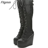 Fligmm Big Size 35-43 Ladies Wedges High Heels Knee High Boots Cross Tied High Platform Boots Women Party Sexy Shoes Woman