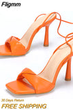 Fligmm 35-42 Women's Orange Cross-Tied Strappy Heels Gladiator Sandals Fashion Pleated Square Toe Lace-Up Stiletto Dress Shoes