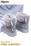 Fligmm Women Boots Fox Fur Brand Winter Shoes Warm Snow Boots Black Round Toe Casual Female Slip-on Woolen Boot Sweet Flock flats