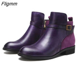 Fligmm Ankle Boots Round Toe Fashion Ankle Strap Short Boots Thick with Comfort Boots Elegant Patchwork Suede Casual Women Shoes