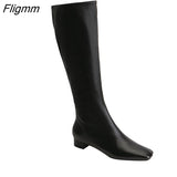 Fligmm Women Riding Boots Shoes Genuine Leather Low Heel Long Boots Zip Square Toe Thick Heels Long Boots Female Autumn Winter