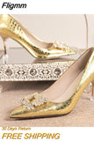 Fligmm Crystal Square Buckle Gold Silver Pumps Women 2023 New Slip On High Heels Wedding Shoes Woman Pointed Toe Party Shoes