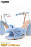 Fligmm Size 44 45 46 Fashion Pleated Butterfly-Knot Womens Sandals Gladiator Peep Toe Buckle Strap Triangle High Heels Dress Shoe