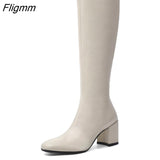 Fligmm Winter Knee High Boots Women Natural Genuine Leather Thick High Heel Long Boots Zip Round Toe Shoes Ladies Fall Size 39