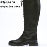 Fligmm INS ZA Genuine Leather Motorcycle Boots Women Zipper Flat Knee High Boots Ladies Lace Up Leather Shoes Autumn Winter 41