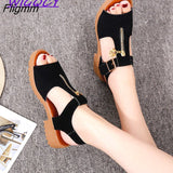 Fligmm toe Square heel sandals women 2023 summer shoes women Student Solid Zipper Low heel Metal Decoration Casual ladies shoes