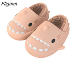 Fligmm Cartoon Shark Cotton Slippers Adults Kids Winter Warm Cute Shoes Parents Waterproof Indoor Outdoor Thick Sole Plush Slides