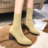 Fligmm Boots Spring Autumn Shoes Woman Casual Solid Color Slip-On Ankle Boots Fashion Round Toe Party Shoes Square Heel High Heels