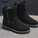 Fligmm Ankle Boots Women Zip Flat Leather Short Plush Winter Shoes Women Warm Ladies Boots Ankle Sewing Fashion Black Shoes Woman