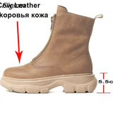 Fligmm Genuine Leather Platform Flat Ankle Boots Women Shoes Round Toe Zipper Female Short Boots Autumn Winter Apricot Size 41