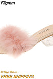 Fligmm Summer Fluffy Peep Toe Sexy High Heels Women Shoes Fur Feather Lady Fashion Wedding Slip-On Pink Square Toe Women Sandals