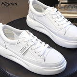 Fligmm Platform Shoes Women Natural Genuine Leather Flat Casual Shoes Real Leather Lace Up White Sneakers Ladies Flats Spring