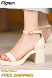 Fligmm Women Sandals Genuine Leather Shoes Ankle Strap Round Toe Thick Heels Sandals Buckle Strap Lady Footwear Summer Beige 41