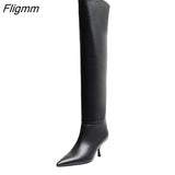 Fligmm Pleated Genuine Leather High Heel Knee-High Boots Women Shoes Pointed Toe Thin Heels Fashion Long Boots Lady Beige 40