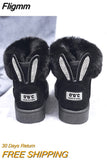 Fligmm Women Boots Fox Fur Brand Winter Shoes Warm Snow Boots Black Round Toe Casual Female Slip-on Woolen Boot Sweet Flock flats