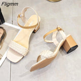 Fligmm Women Sandals Female Square High Heels PU Leather Sandals Open Toe Lady New Summer Shoes Solid Soft Comfort Buckle Strap Sandals