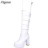 Fligmm Brand Lady Solid Black Platform Block Heel Boots Party Dress Designer Boots Women Fashion Knee High Shoes Woman