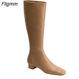 Fligmm Women Riding Boots Shoes Genuine Leather Low Heel Long Boots Zip Square Toe Thick Heels Long Boots Female Autumn Winter