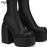 Fligmm Autumn and Winter New Square Head Thick Heel High Heel Waterproof Platform Stretch Leather Large Size Patent Leather Boots