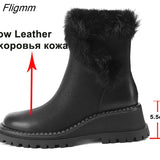 Fligmm Women Genuine Leather Snow Boots Rabbit fur Wedges High Heel Round Toe Ladies Boots Zipper Ankle Boots 2023 Winter Green