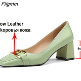 Fligmm Women Fashion Shoes Genuine Leather Thick Heels Metal Decoration Pumps Elegant High Heel Ladies Footwear Spring Beige 42