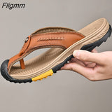 Fligmm Leather Shoes Men Sandals Mens Flip Flops Summer 2023 Men Casual Shoes Non-slip Massage Beach Slippers Water Shoes