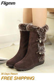 Fligmm Winter Women Boots Casual Warm Fur Mid-Calf Boots shoes Women Slip-On Round Toe wedges Snow Boots shoes Muje Plus size 42