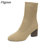 Fligmm Boots Spring Autumn Shoes Woman Casual Solid Color Slip-On Ankle Boots Fashion Round Toe Party Shoes Square Heel High Heels