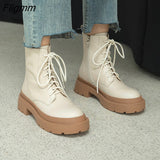 Fligmm Women Shoes Genuine Leather Motorcycle Boots Thick Med Heel Boots Round Toe Zipper Lady Footwear Autumn Winter 40 Beige