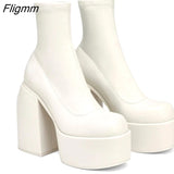 Fligmm Autumn and Winter New Square Head Thick Heel High Heel Waterproof Platform Stretch Leather Large Size Patent Leather Boots